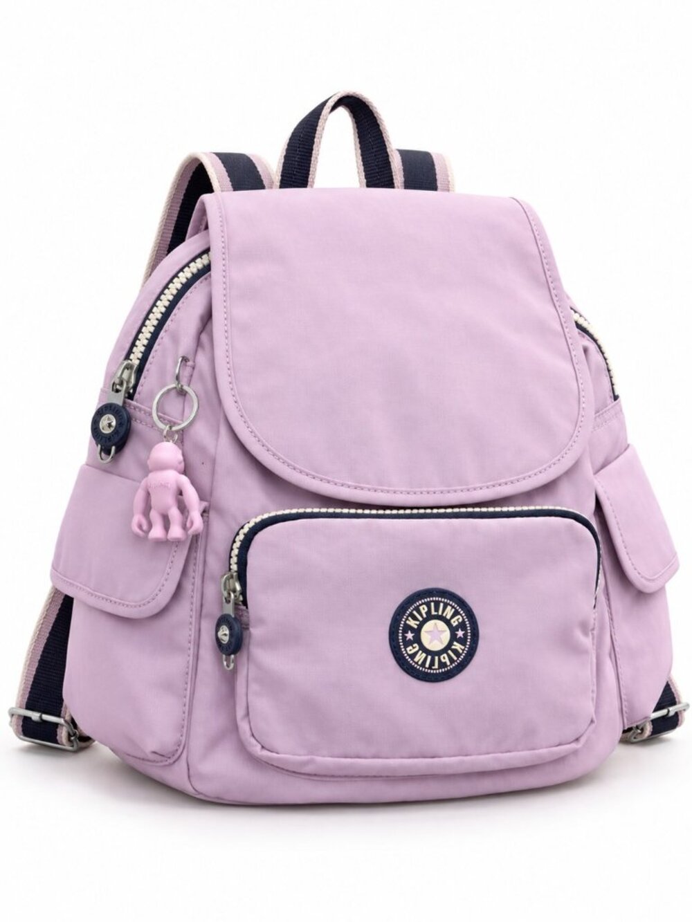 Kipling City Pack S Small Backpack Lilac Purple Navy Monkey Keychain NWOT